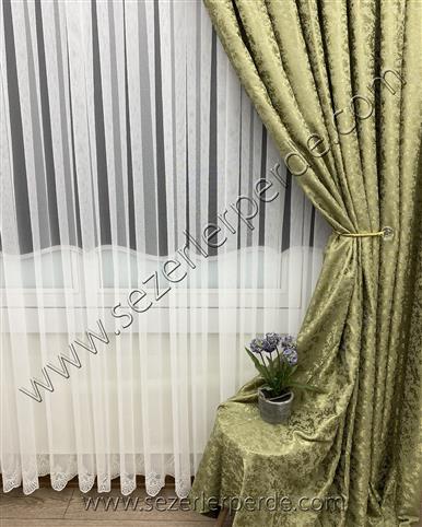 Jakarlı Fon Perde Özel Seri Milas Desen Yağ Yeşili MLS-0021
