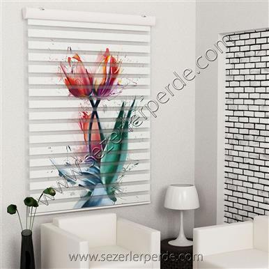 Poster Baskılı  Zebra Perde  SZR-1022 Renkli Lale