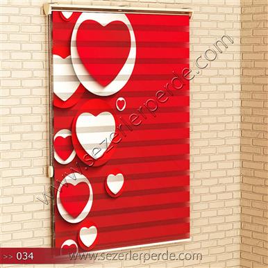 Poster Baskılı  Zebra Perde  SZR- 1094 Kırmızı Kalp Desen