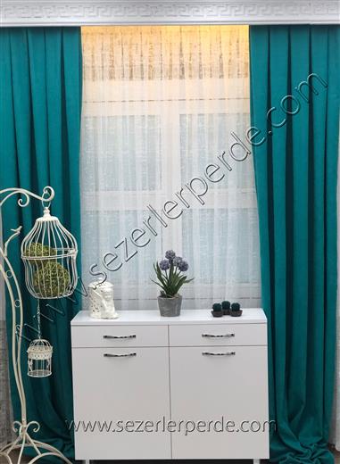 Mint Düz Fon Perde Dökümlü Petek