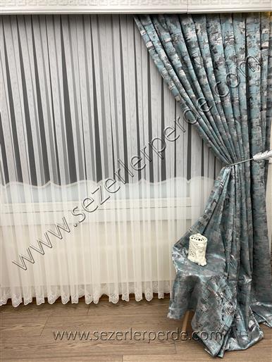 Jakarlı Fon Perde Özel Seri Side Turkuaz -Gri 167006 V-6