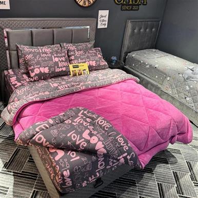 WelSoft Love Desenli Pembe Çift Taraflı Peluş Yorgan Seti
