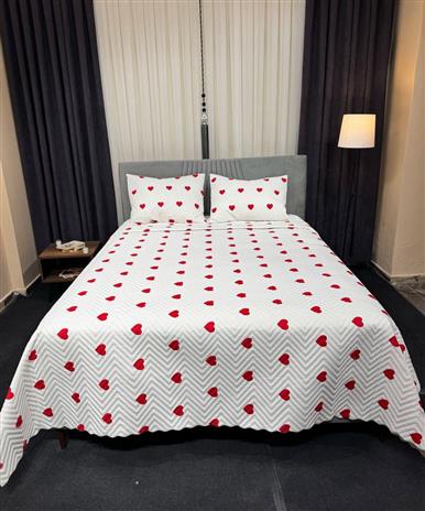 LoveLine Kırmızı Kalp Desenli Yatak Örtüsü Seti Çift Kişilik