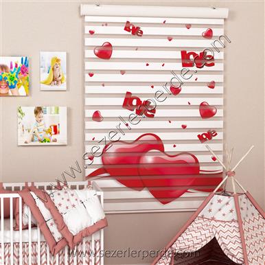 Poster Baskılı  Zebra Perde  SZR-1069 Kırmızı Kalp Desen