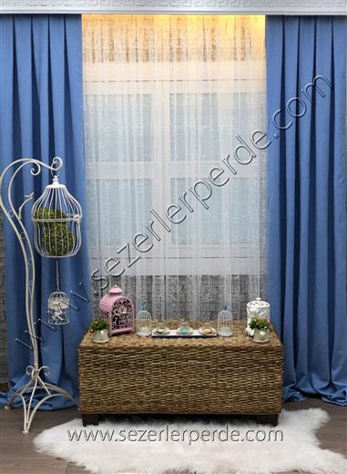 Açık Mavi Düz Fon Perde Dökümlü Petek